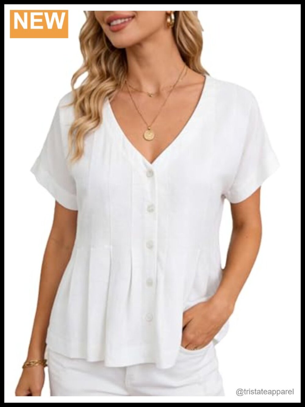 Women's Linen Blend Button Down Blouse V Neck Short Sleeve Pleated Casual